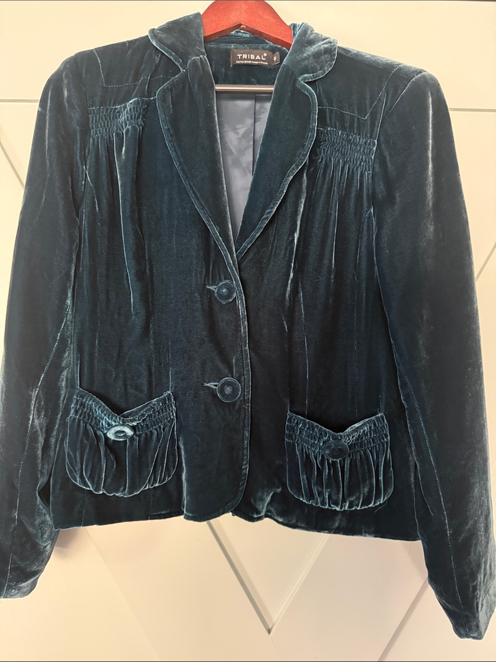Tribal Teal Velvet Blazer with Ruched Pockets